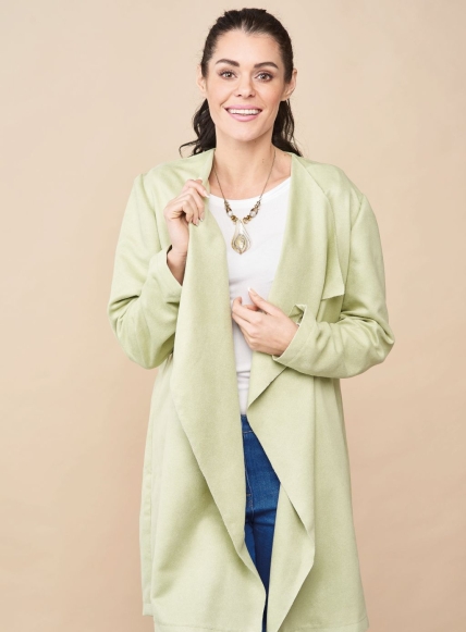 Woman wearing green faux suede waterfall jacket